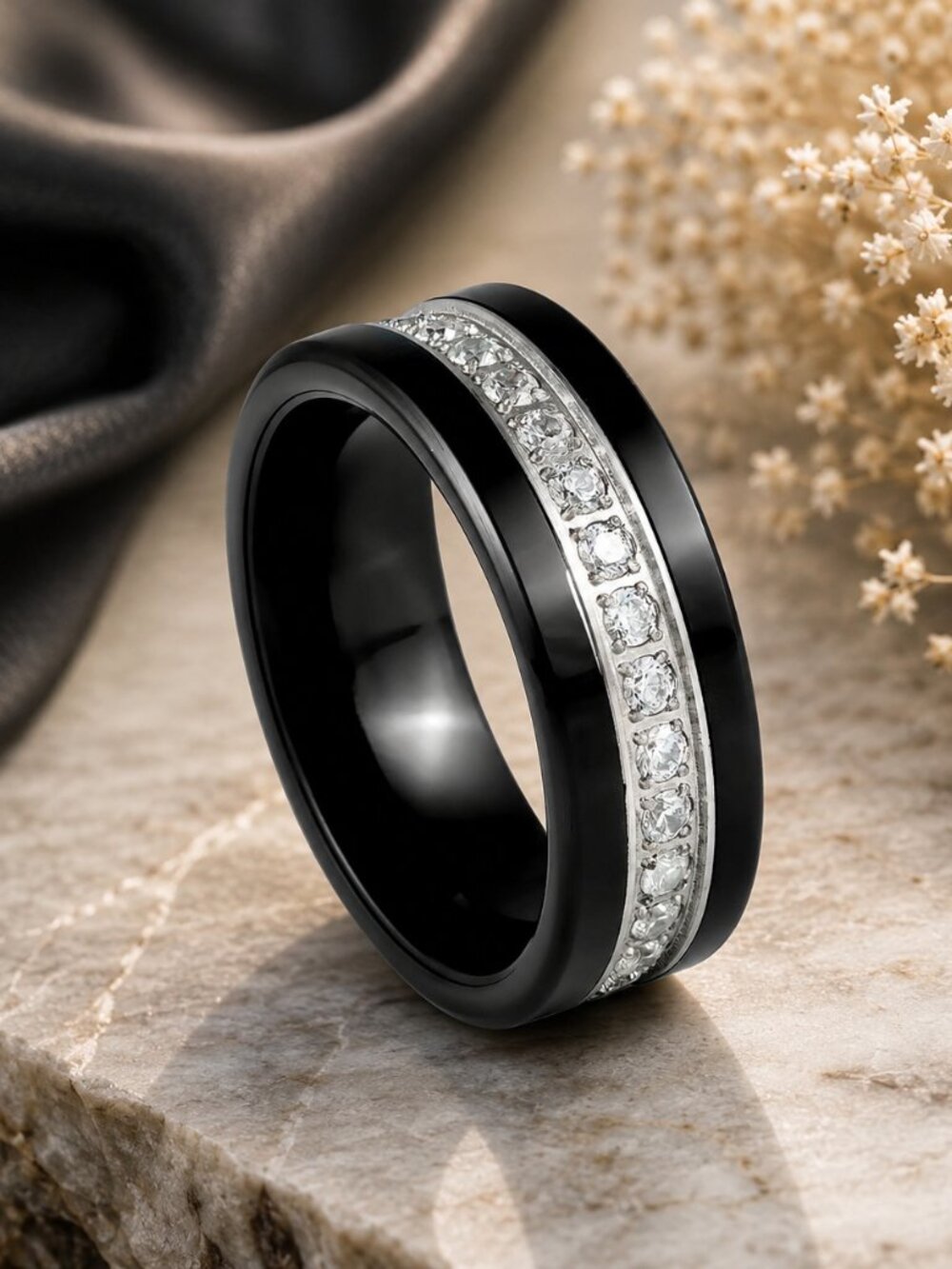 Black Tungsten Ring with Center Clear CZ Channel - GALTUN992-10.5